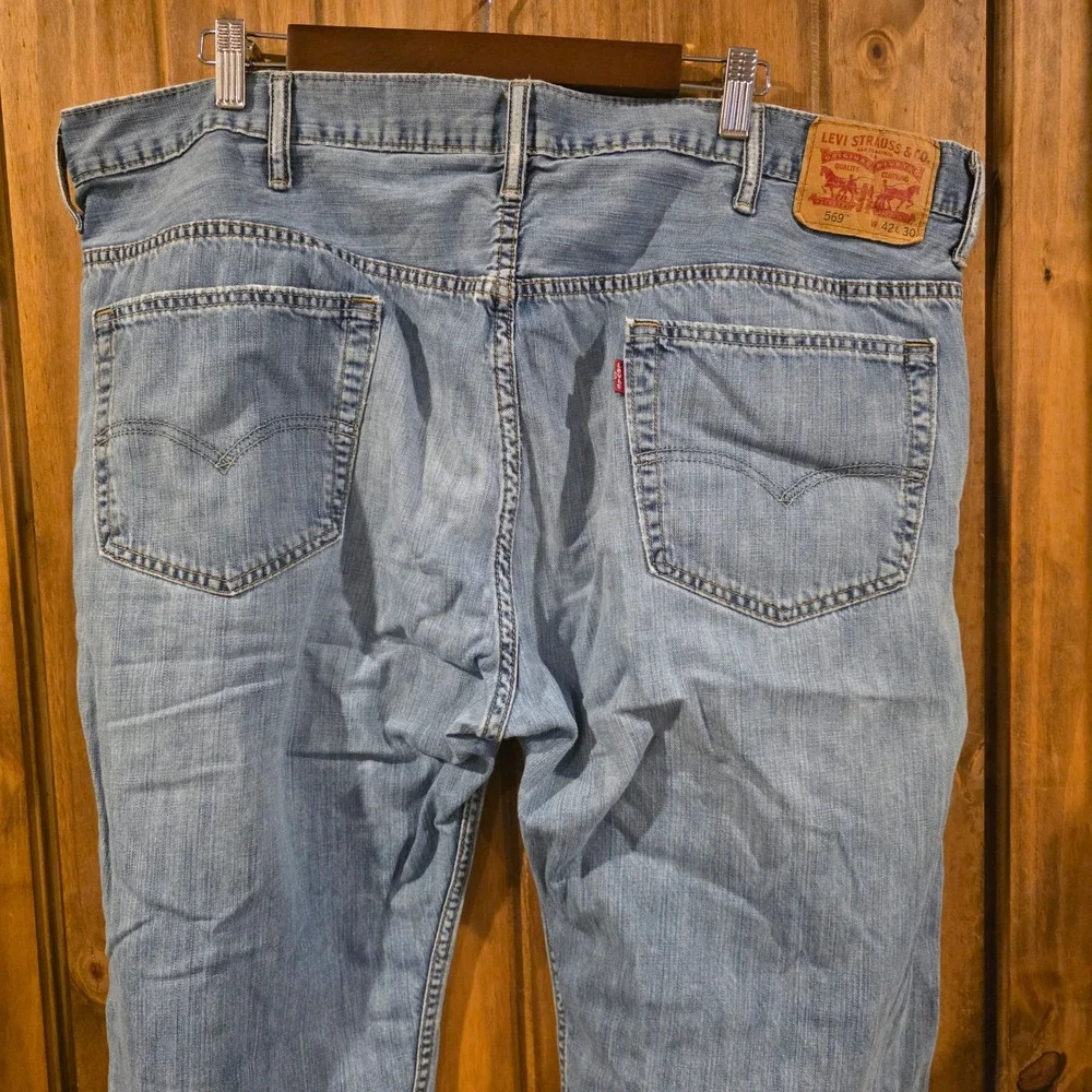 Levi 569 Loose Straight Jeans Mens 42x30 Light‎ Wash Blue Good Denim Pants